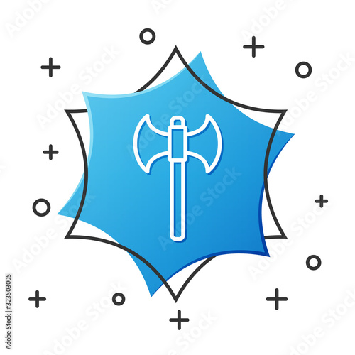 White line Medieval axe icon isolated on white background. Battle axe, executioner axe. Blue hexagon button. Vector Illustration