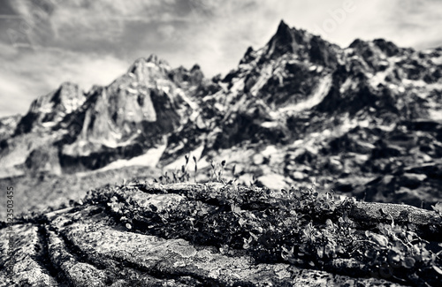 Black and white mountain landscape in the French Alps.
