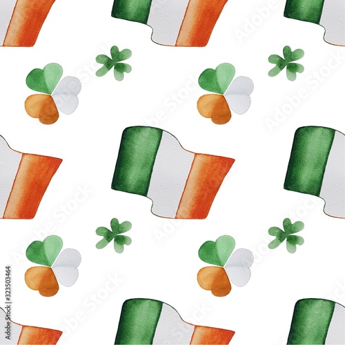 Watercolor Saint Patrick's Day pattern. Hand drawn seamless texture with clover shamrock and flag of Ireland isolated on white background. Hand drawn illustration.