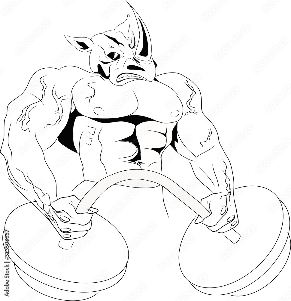 The depiction of a rhino with a muscular body. Raises the barbell. Suitable for gym logo, booklet, flyer, logo The depiction of a rhino with a muscular body. Raises the barbell. Suitable for gym logo, booklet, flyer, logo