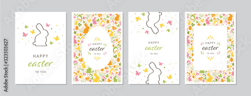Easter cards set with hand drawn rabbits, eggs, butterflies, flowers and dots. Doodles and sketches vector vintage illustrations, DIN A6