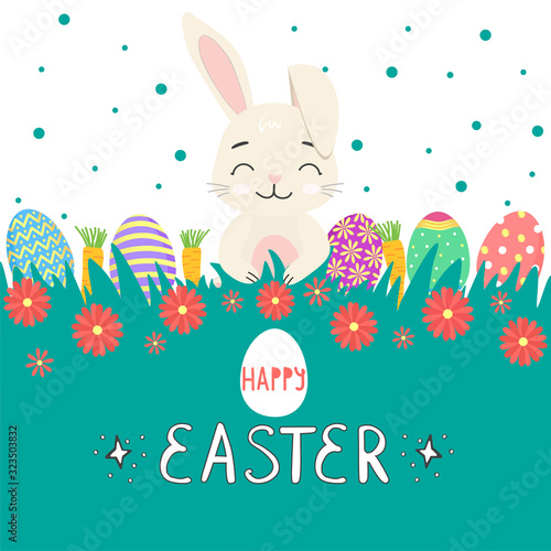 Hand drawn cute cartoon character rabbit with eggs, air balloons, grass, flowers. Happy Easter Lettering. Сolorful doodle Bunny vector illustration for Easter, baby room, greeting card, invitation