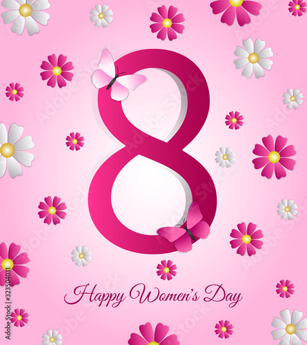 Happy Women's Day greeting card, banner, poster with pink number 8, butterfly, spring flowers and text on isolated background
