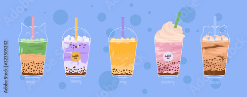 Set of kawaii Bubble Milk tea with tapioca pearls with different tastes. Asian Boba tea drink. Editable vector Illustration.