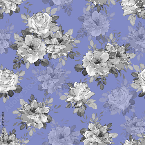 Fototapeta Naklejka Na Ścianę i Meble -  Floral monochrome seamless pattern with gray flowers rose and leaves on blue background. Hand drawn. For design textile, wallpapers, wrapping paper, prints. Vector stock illustration.