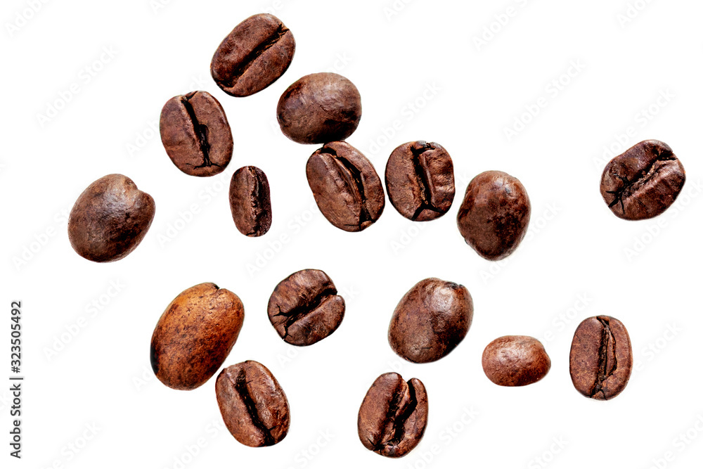 Fresh roasted coffee beans isolated on white background. Coffeee concept. Flat lay. Top view. Fresh roasted coffee beans isolated on white background. Coffeee concept. Flat lay. Top view.