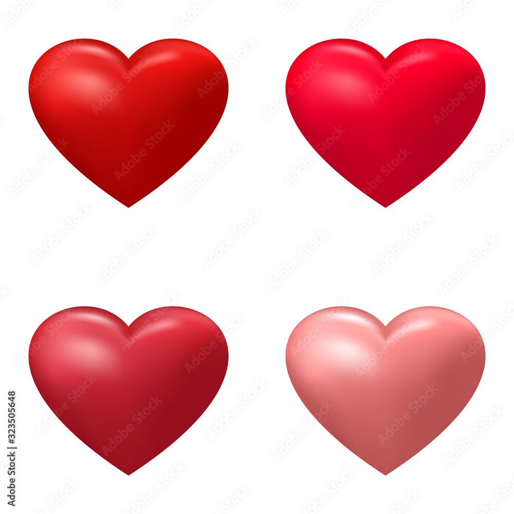 Set of realistic hearts shades of pink, red, purple color for Valentine's day design on a white isolated background