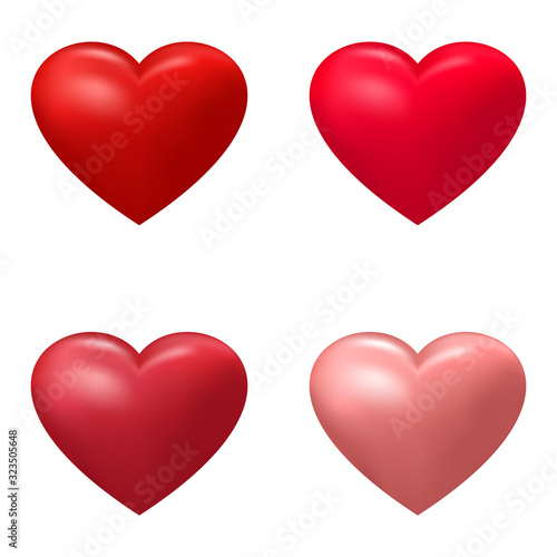 Set of realistic hearts shades of pink, red, purple color for Valentine's day design on a white isolated background
