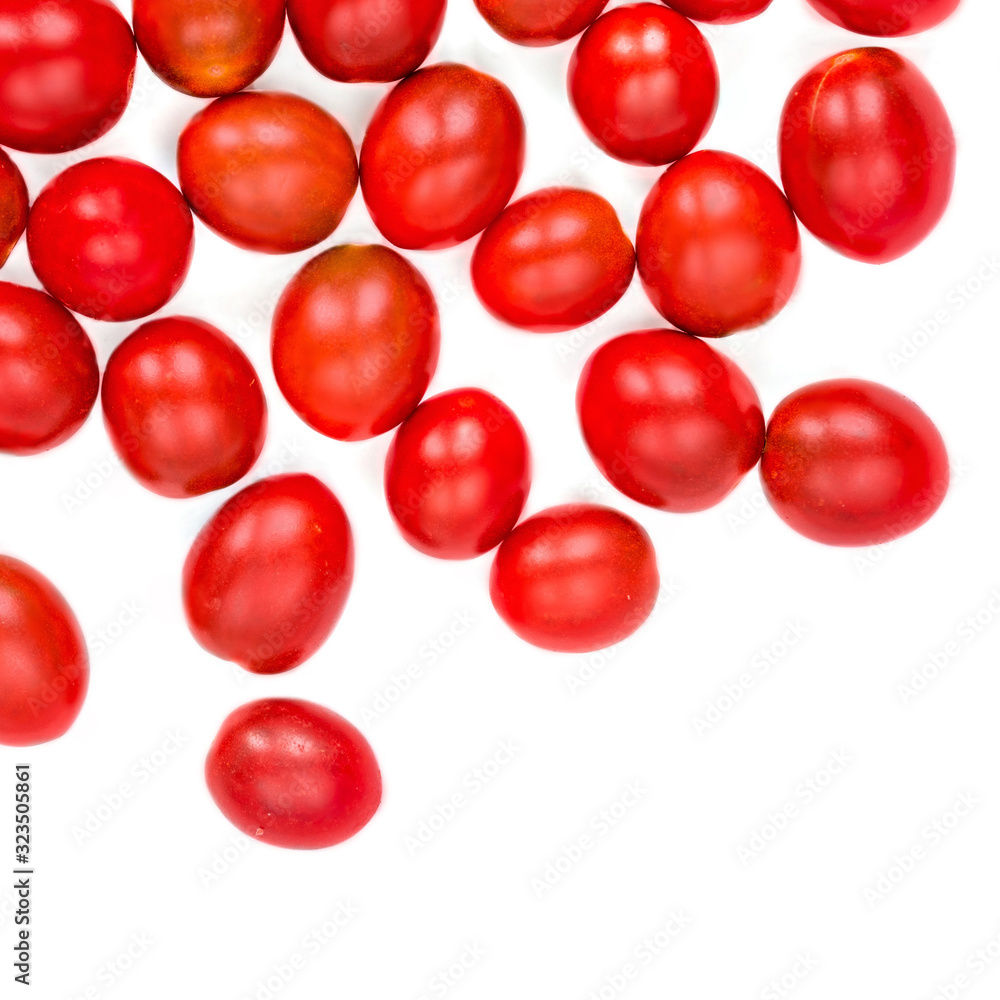 Fresh cherry tomatoes isolated on white background. Healthy food concept. Top view. Flat lay Fresh cherry tomatoes isolated on white background. Healthy food concept. Top view. Flat lay