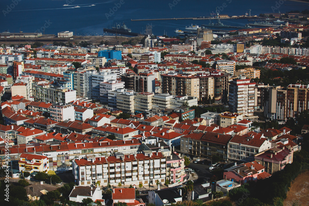 Panoramic view of Almada city and municipality, seen from the Sanctuary of Christ the King, Lisbon, Greater Lisbon, Portugal, summer sunny view