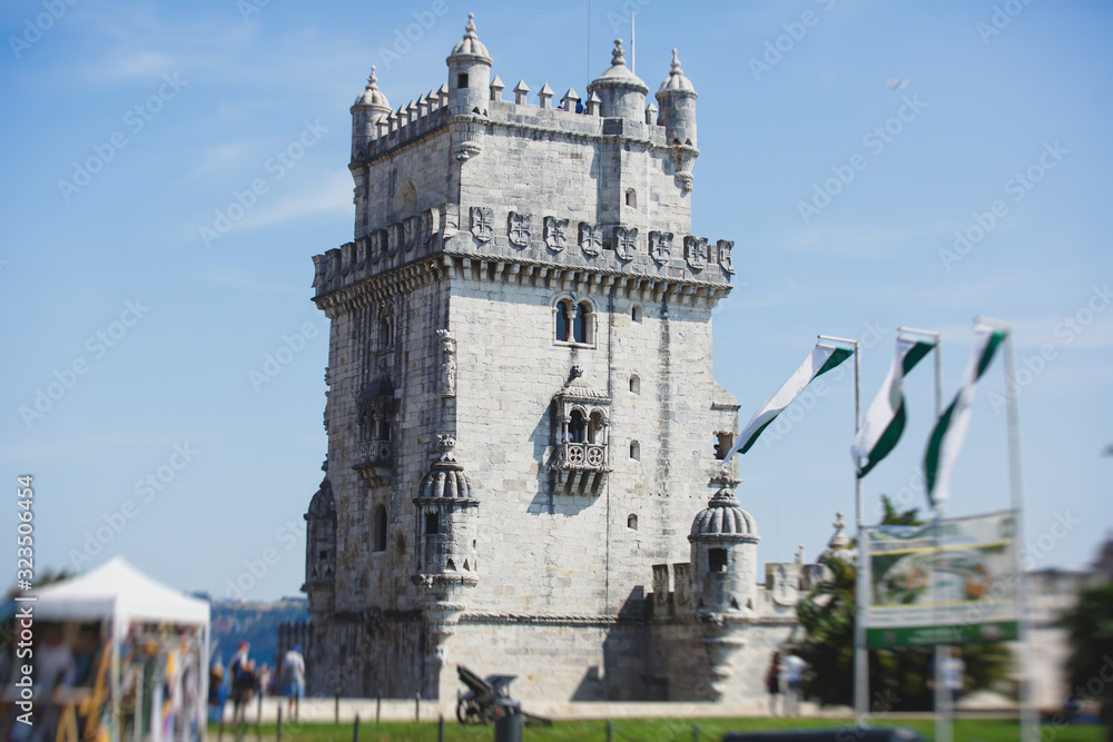 View of Belem district, civil parish of the municipality of Lisbon, Portugal, with Belem Tower, Torre de Belem in Portuguese, a prominent example of the Portuguese Manueline style
