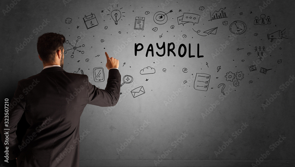 businessman drawing a creative idea sketch with PAYROLL inscription, business strategy concept businessman drawing a creative idea sketch with PAYROLL inscription, business strategy concept