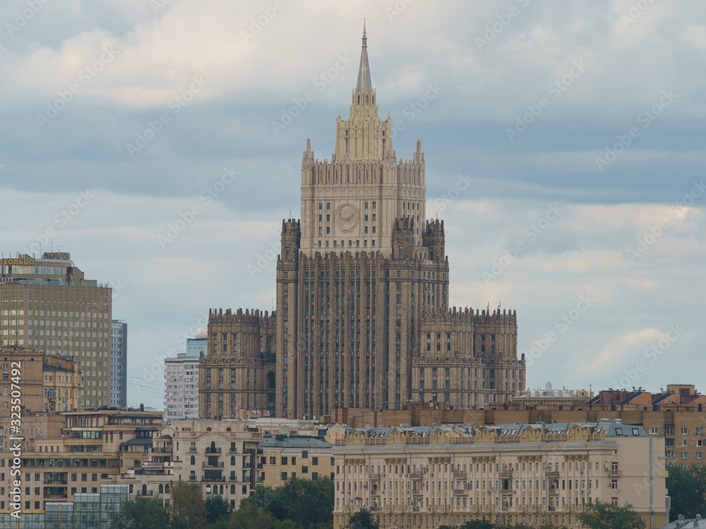 Panoramic Moscow cityscape in summer day. The highest building is the Ministry of Foreign Affairs building. the beauty of big capital. Suitable for touristic guide, poster, banner, greeting card.
