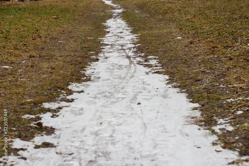 forest park winter ice snow path perspective © evgris