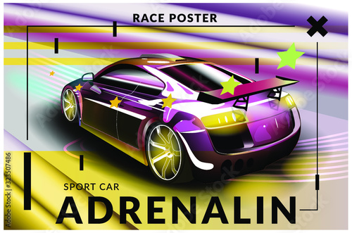 Poster advertising for cars, motor racing. Vector illustration. Detailed sports car with stylized elements.