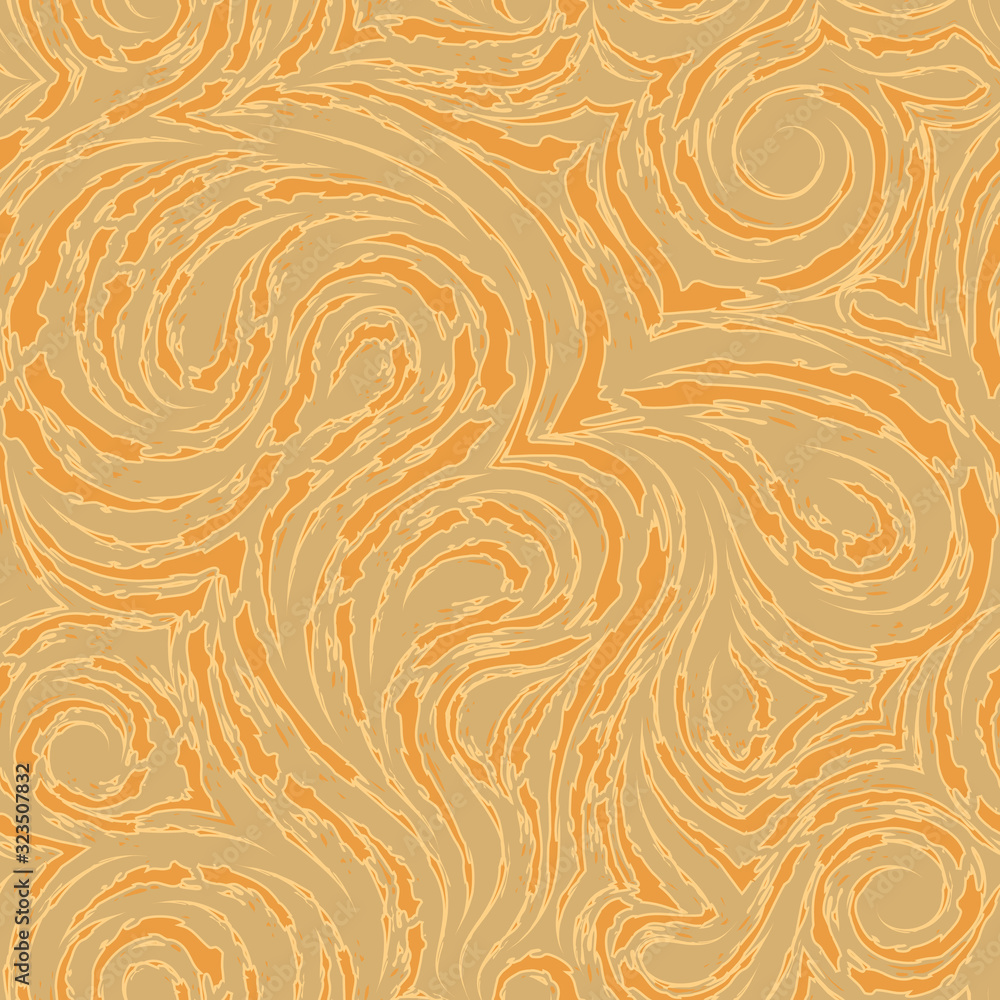 Abstract orange vector texture of smooth spirals and loops. Fiber wood or marble twisted pattern. Waves or ripples