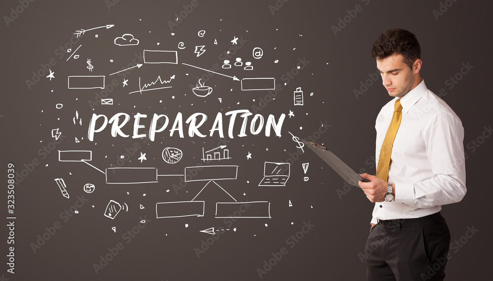 Businessman thinking with PREPARATION inscription, business education concept Businessman thinking with PREPARATION inscription, business education concept