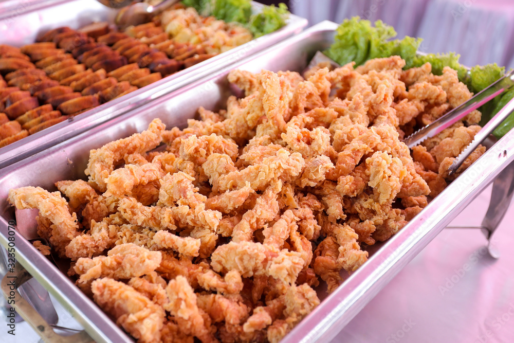 Tempura Deep Fried Shrimp Ebi on food buffet. Japanese food style appetizer cuisine. Tempura Deep Fried Shrimp Ebi on food buffet. Japanese food style appetizer cuisine.