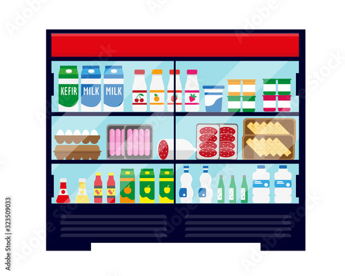 Supermarket showcase refrigerator full of food