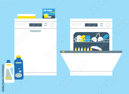 Opend and closed dishwasher machines