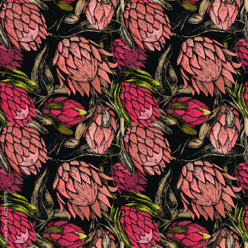 Vector illustration of a seamless pattern with large pink buds of a protea flower. Large decorative flowers on a dark background. Textiles, wallpaper, fabric, decoration of the bedroom and living room