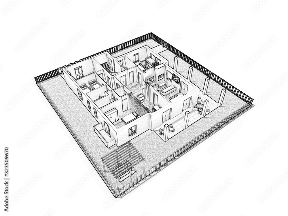 3d floor plan. Black&white floor plan. 3D illustration, sketch, outline. 