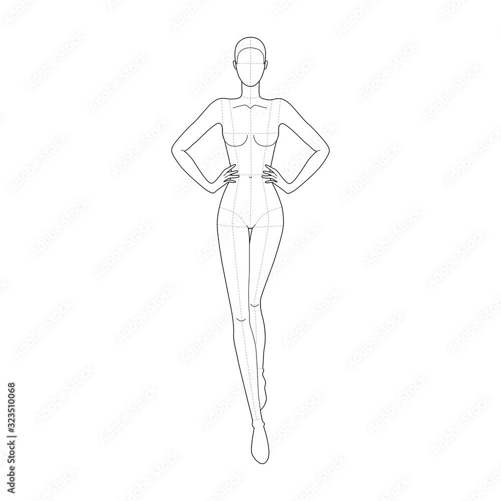 Fashion template 9 head for technical drawing with main lines. Fashion template 9 head for technical drawing with main lines.