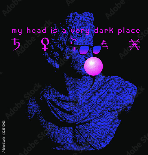 Pixel art ilustration with marble sculpture in sunglasses, Apollo Belvedere bust. Vaporwave and retrowave style collage, postmodern aesthetics of 80's. photo