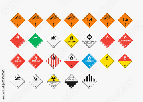 Dangerous goods icons set isolated on gray background. Marking of goods during transportation. Nine hazard classes. 