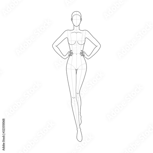 Fashion template 9 head for technical drawing with main lines. 