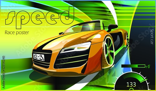 Poster advertising for cars, motor racing. Vector illustration. Detailed sports car with stylized elements.