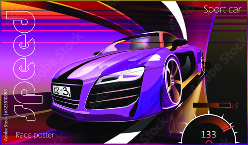 Poster advertising for cars, motor racing. Vector illustration. Detailed sports car with stylized elements.