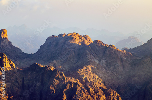 View from the mountain of Moses, a beautiful sunrise in the mountains of Egypt