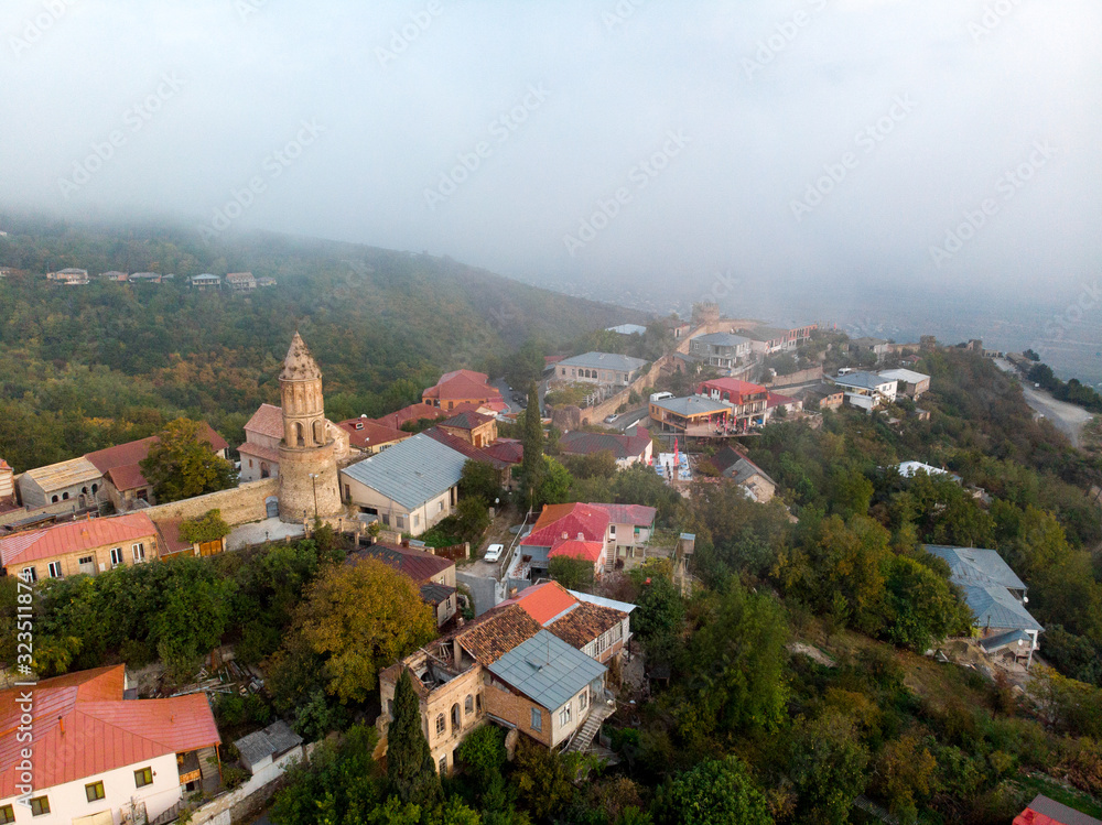 Sighnaghi sunrise. The weather was very foggy. Aerial photo