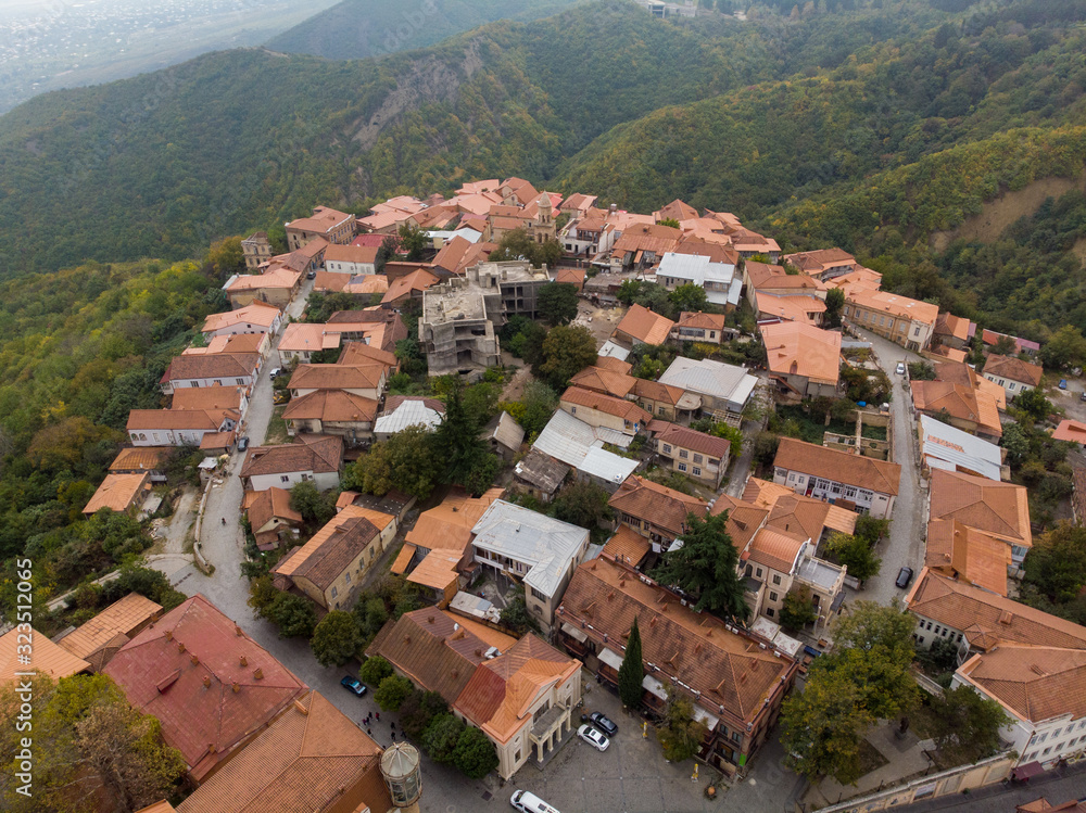 Sighnaghi foggy sunrise aerial photo