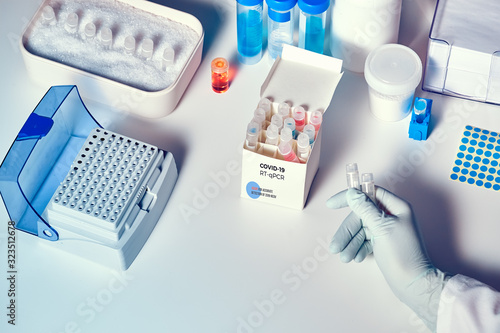 Kit to test for novel COVID-19 coronavirus in patient sample or tissue. RT-PCR kit allows to convert viral Covid19 RNA to DNA and amplify specific sequence of 2019-nCov in viral gene coding spike.