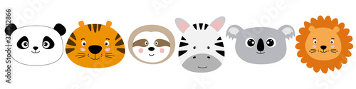 Cute cartoon characters animals panda, tiger, sloth, zebra, koala, lion kawaii flat style.