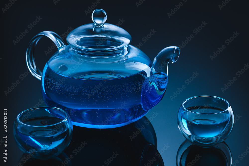tea in a glass teapot and cups
