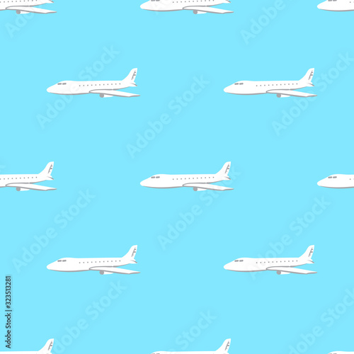 Seamless pattern with airplane on blue background. Business issue concept in flat style design. Vector illustration.