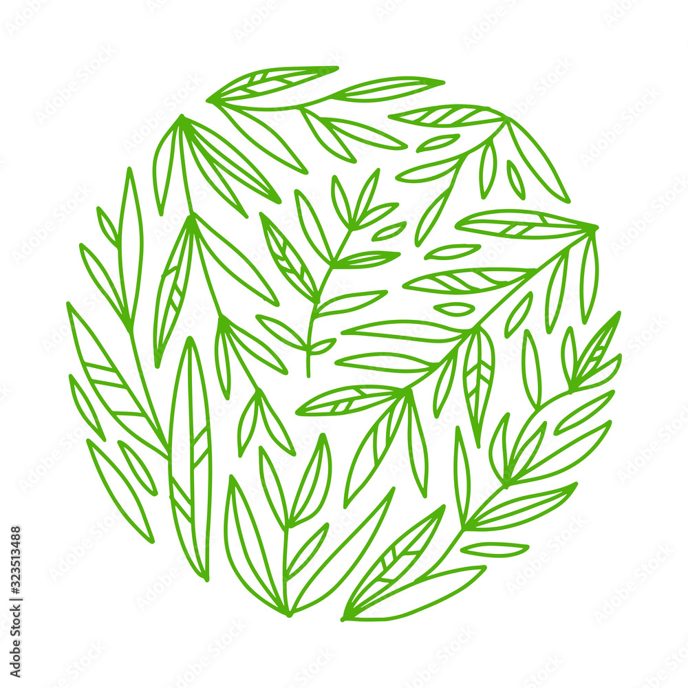 Obraz premium Green tea. Round leaves and branches pattern concept in an outline style. Composition with abstract hand drawn elements. Doodle style. Template for cafe menu, packaging or signboard.