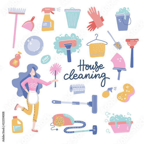 House Cleaning service woman character. Housekeeping icons of cleaning equipment. Vector cartoon flat style illustration. Isolated on white background with lettering