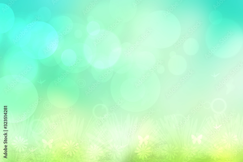 Hello spring background. Abstract bright spring or summer landscape texture with natural green yellow bokeh lights, sun, flowers on meadow and blue sky. Beautiful backdrop with space.