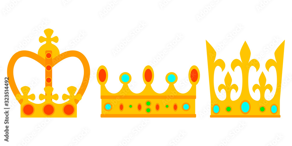Fototapeta premium Set of gold crown with precious stones. Flat design. Vector illustration