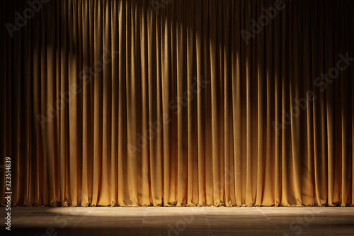 Theater stage with golden curtains and spotlights. 3d illustration