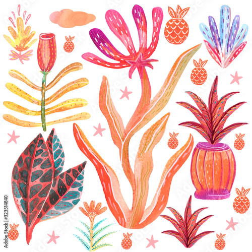 Watercolor illustration. Raster. Stylized plant. Set of plants
