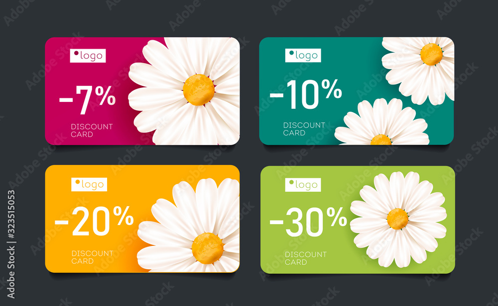 Obraz premium Set of discount cards with Bright spring blossom of chamomile flowers with percent off