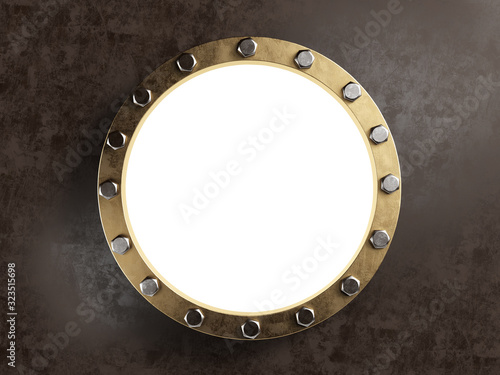 Old marine porthole with brass border. Clipping path included. 3d illustration