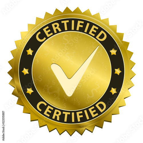 Certified gold label with tick icon