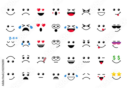 Cartoon faces with expressive eyes and mouth, smiling, crying and surprised character expressions. Caricature comic emotions or emoticon doodle. Vector smile illustration icons set