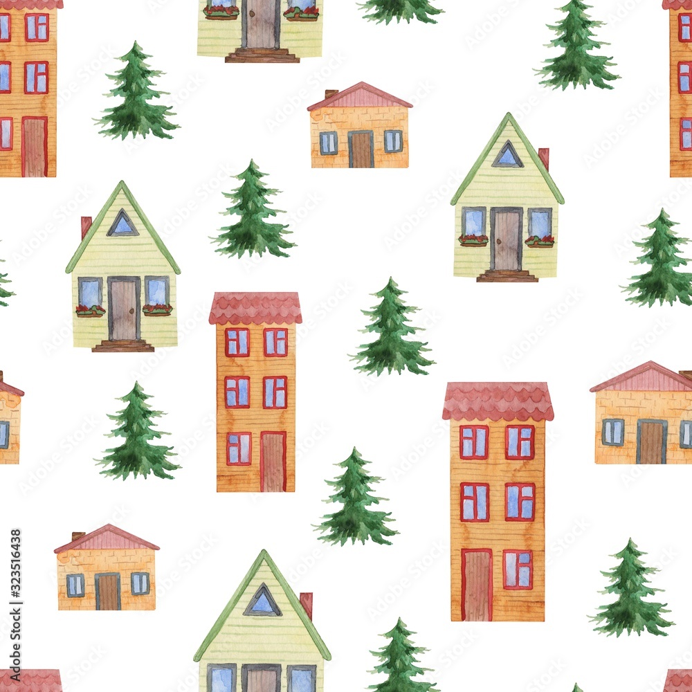 Seamless pattern, watercolor illustration, with drawings of houses and trees